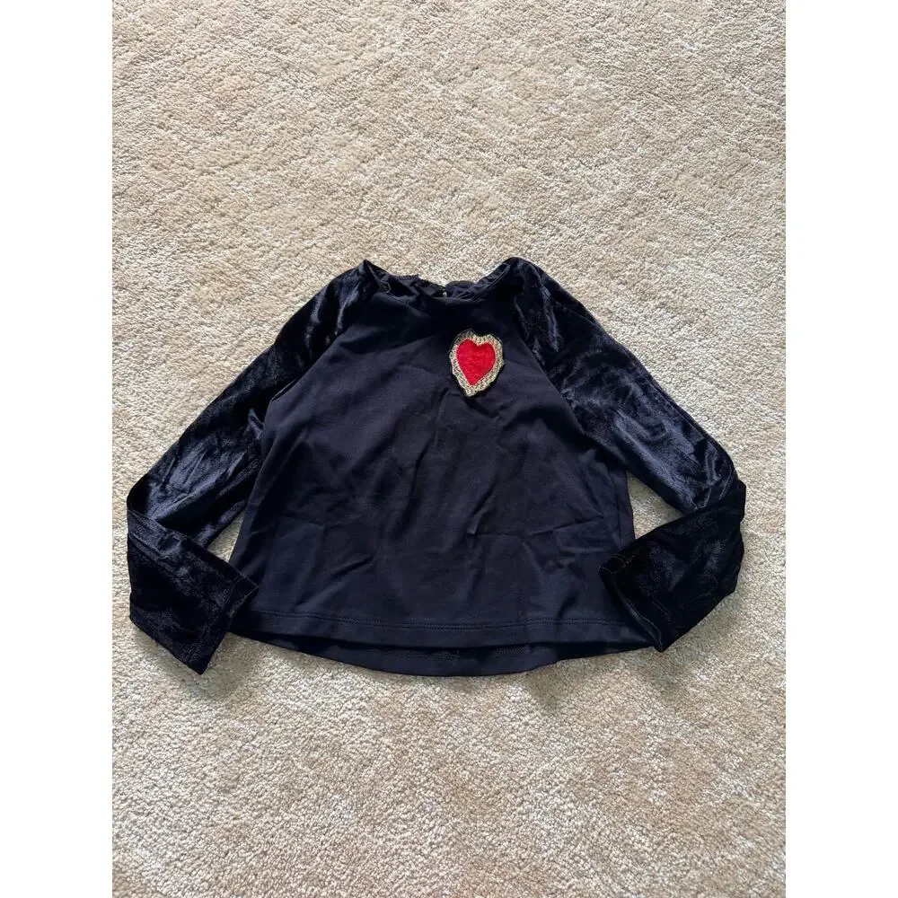 LiaLea Black Velvet Sleeve Shirt with Removable Heart Patch Pin Size 5-6